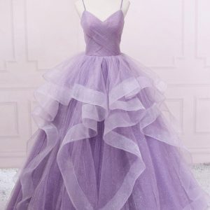 Purple Tulle Long Prom Dress, A-Line Spaghetti Strap Evening Gown