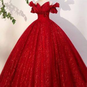 Red Tulle Long A-Line Ball Gown, Red Off Shoulder Formal Dress