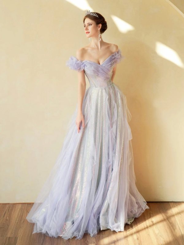 Light Purple A-line Colorful Sequins Tulle Formal Dress, Off the Shoulder Birthday Fairy Party Evening Gowns