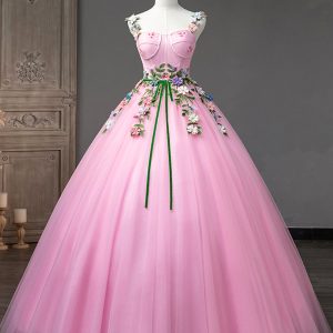Pink Tulle Flower Long Prom Dresses, Lovely Spaghetti Formal Dresses Sweet 16 Dresses